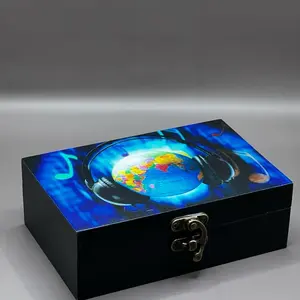 Custom Memory Box- Earth with Headphones Decorative Gift Organiser Print Container Wooden
