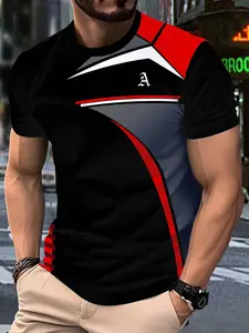 Men's and Casual Short Sleeve T-Shirt with Geometric Print, Suitable for Outdoor Sports, Round Neck Design