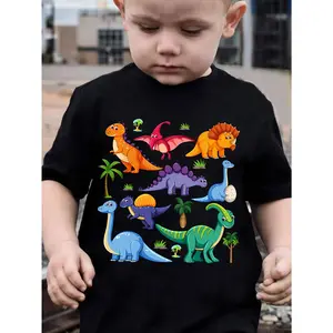 Casual & Stylish Boys Summer Tee – Cartoon Dinosaur Print, Short Sleeve Round Neck, 100% Cotton, Streetwear Vibes, Great Gift for Kids
