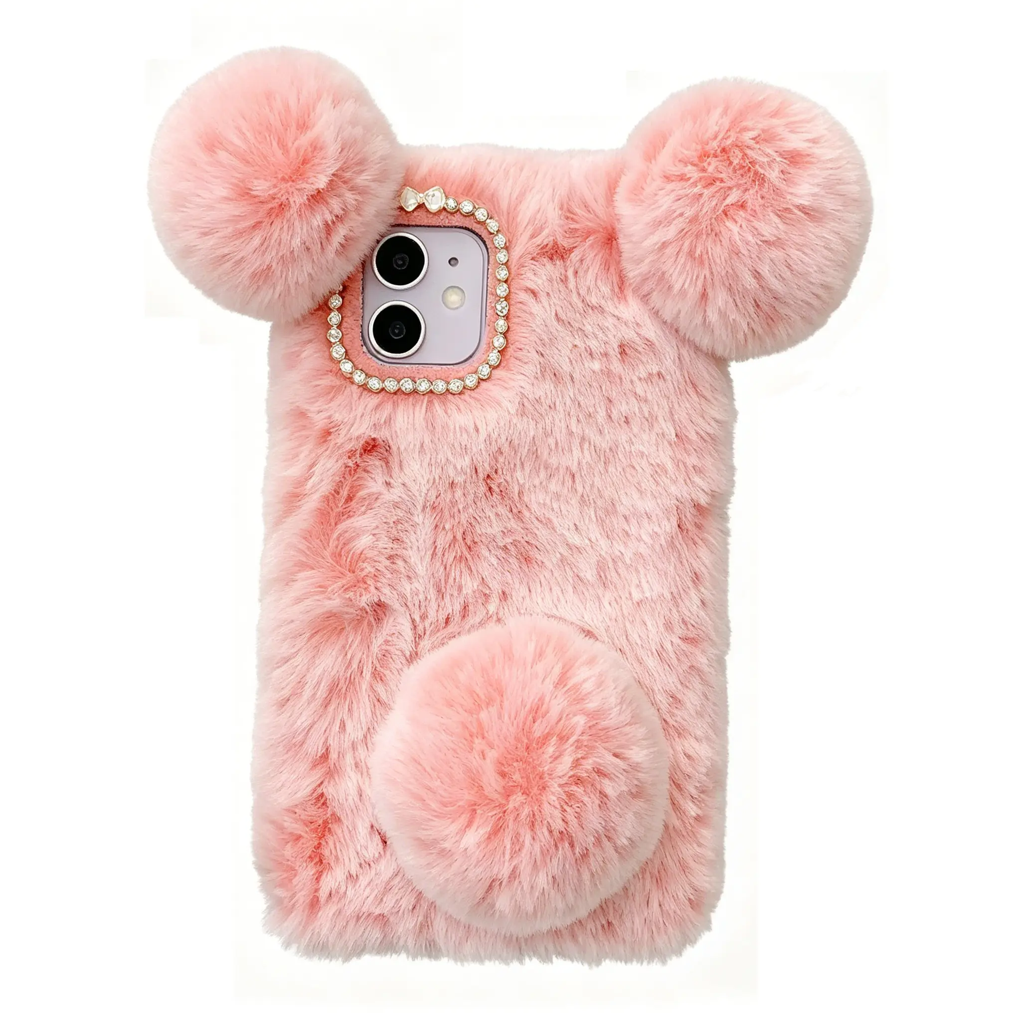 (Case & Nova) Women's Stylish Fuzzy Plush Panda Mobile Phone Cover - Rhinestone Camera Frame, Winter Handheld Hand Warmer, Shockproof Protective Casing Accessory for iPhone 17 Pro Max,16,15,14,13,12,11, Teddy Bunny Design Devices