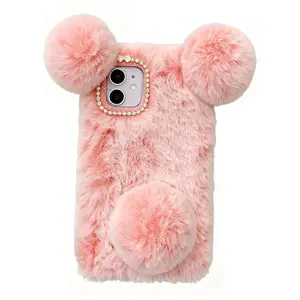 (Case & Nova.) Cute Panda Fuzzy Plush Warm Phone Case with Rhinestone Camera Frame, Compatible with iPhone 17 Pro Max, 16, 15, 14, 13, 12, 11, Winter Hand Warmer Protective Cover for Women beautiful female