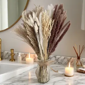 No-Water Dried Flower Bouquet Aesthetic Room Decor for Girls Men Perfect Plant Lover Gifts Home Rustic Chic Bouquet with White Lover's Grass Pampas Gypsophila