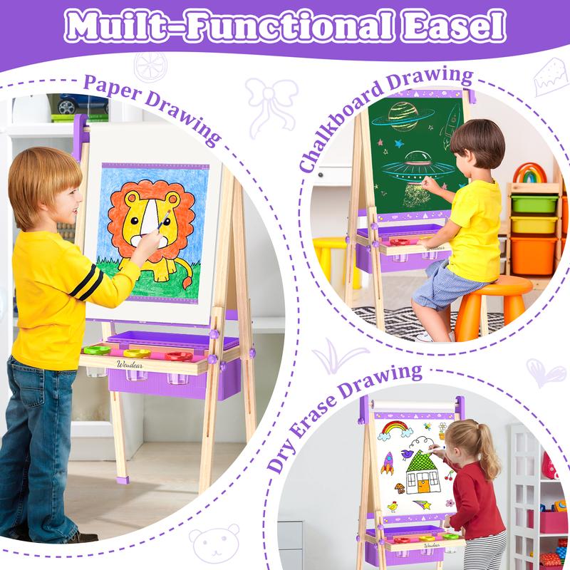 【Kids Gifts】Art Easel for Kids,Adjustable Wooden Kids Art Easel with Paper Roll,Double-Sided Magnetic Toddler Easels,Dry Erase Whiteboard and Chalk Board,Toys for 3 4 5 6 7 8 9 10 Year Old Girl Boy Gift