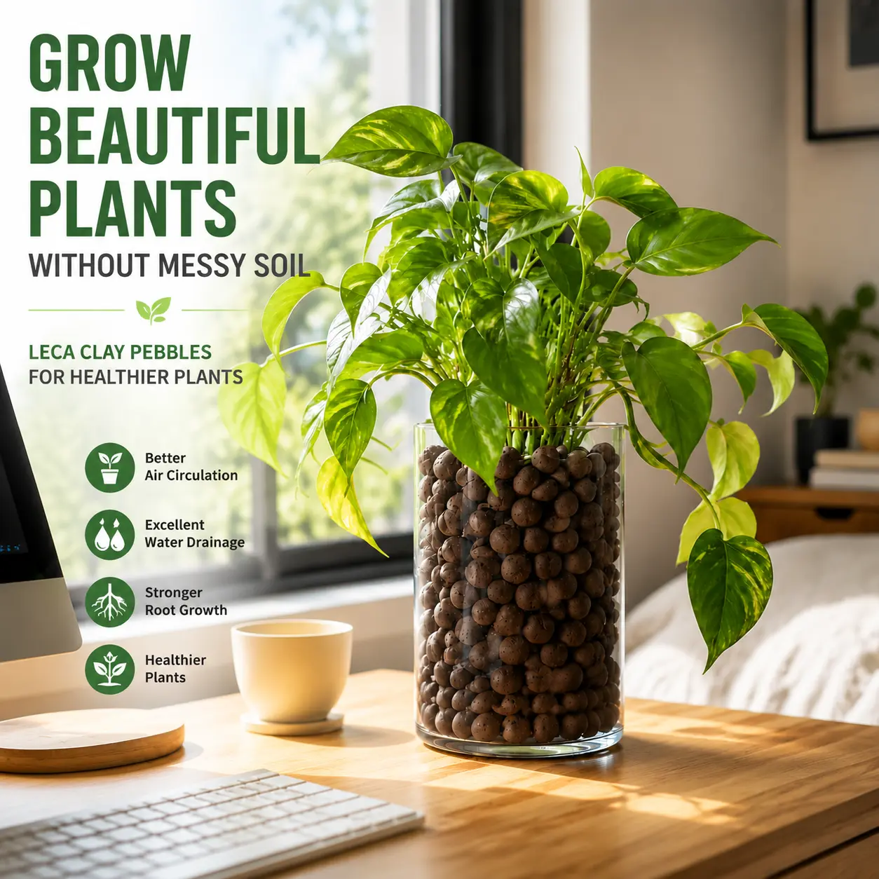 LECA Clay Pebbles - Clean Look Clay Rocks, Hydroponic Growing Medium with Moisture Control & Reusability, Indoor Use Home Improvement Garden Supplies for Orchids & Monsteras