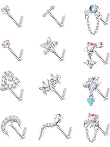 12 Pcs Silvery Golden Glamorous Dangle Nose Rings Studs for Women Men Stunning Unisex Piercing Jewelry Premium Surgical Steel with Excellent Hypoallergenic Skin-friendly Performance for Daily Safe Wear Assorted Nose Piercing Set Practical L Shaped Design