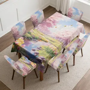 4/5/6/7pcs Blossoming Stream and Butterflies Chair Cover Slipcover And Tablecloth Set, Easy to Install & Wash, Washable Chair Slipcovers, Suitable for Outdoor Camping, Dining Room, Parties, Gifting, Home Decor & All Seasons, Chair Covers Set