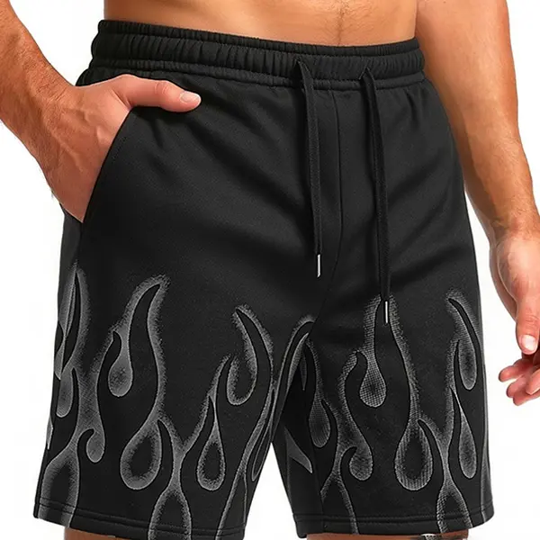 Men’s casual shorts with flame print, soft cotton fabric, elastic waistband and pockets—everyday men’s shorts