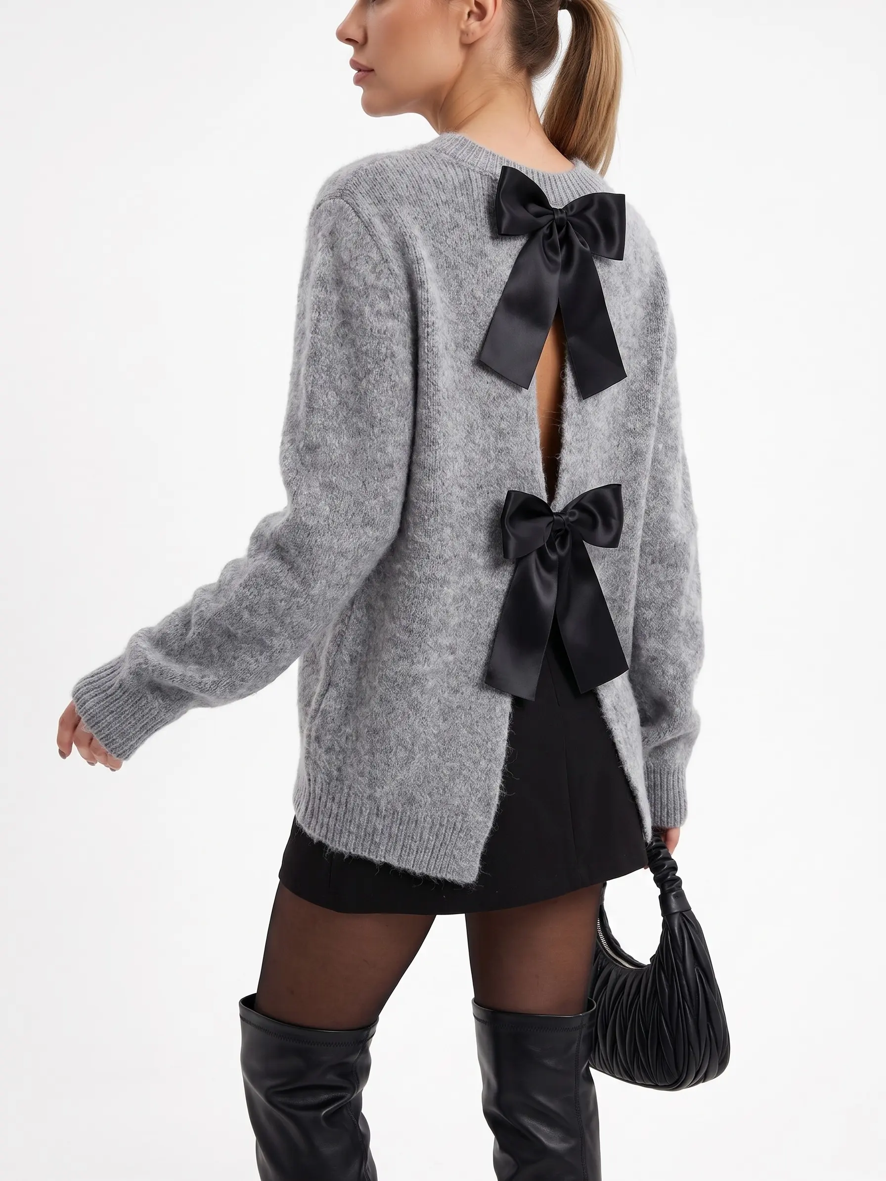 Gray Long Sleeve Sweater with Round Neck, Casual Style, Perfect for Daily Wear, Soft and Cozy Material, Ideal for Fall and Winter Womenswear Tops Piece Knitwear Everyday Basic Fitted