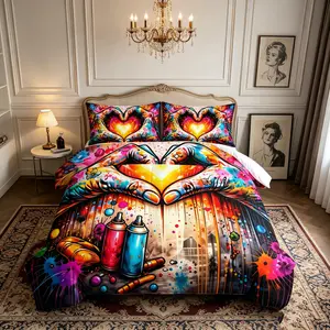 3-piece street graffiti art style quilted quilt set, 1 quilted quilt+2 pillowcases (excluding pillow core), available in home dormitories, master bedrooms, and guest rooms, with trendy art bedding and personalized decorative bedding