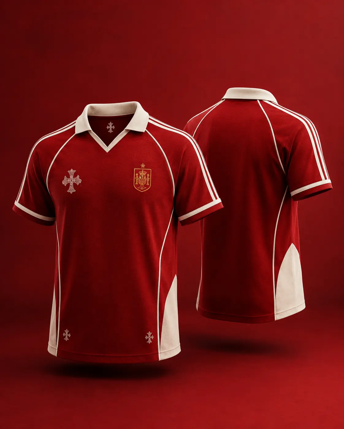 Retro Spain-Inspired Lightweight Striped Red Soccer Jersey, Cream-Trim Collared Athletic Streetwear Fan Top