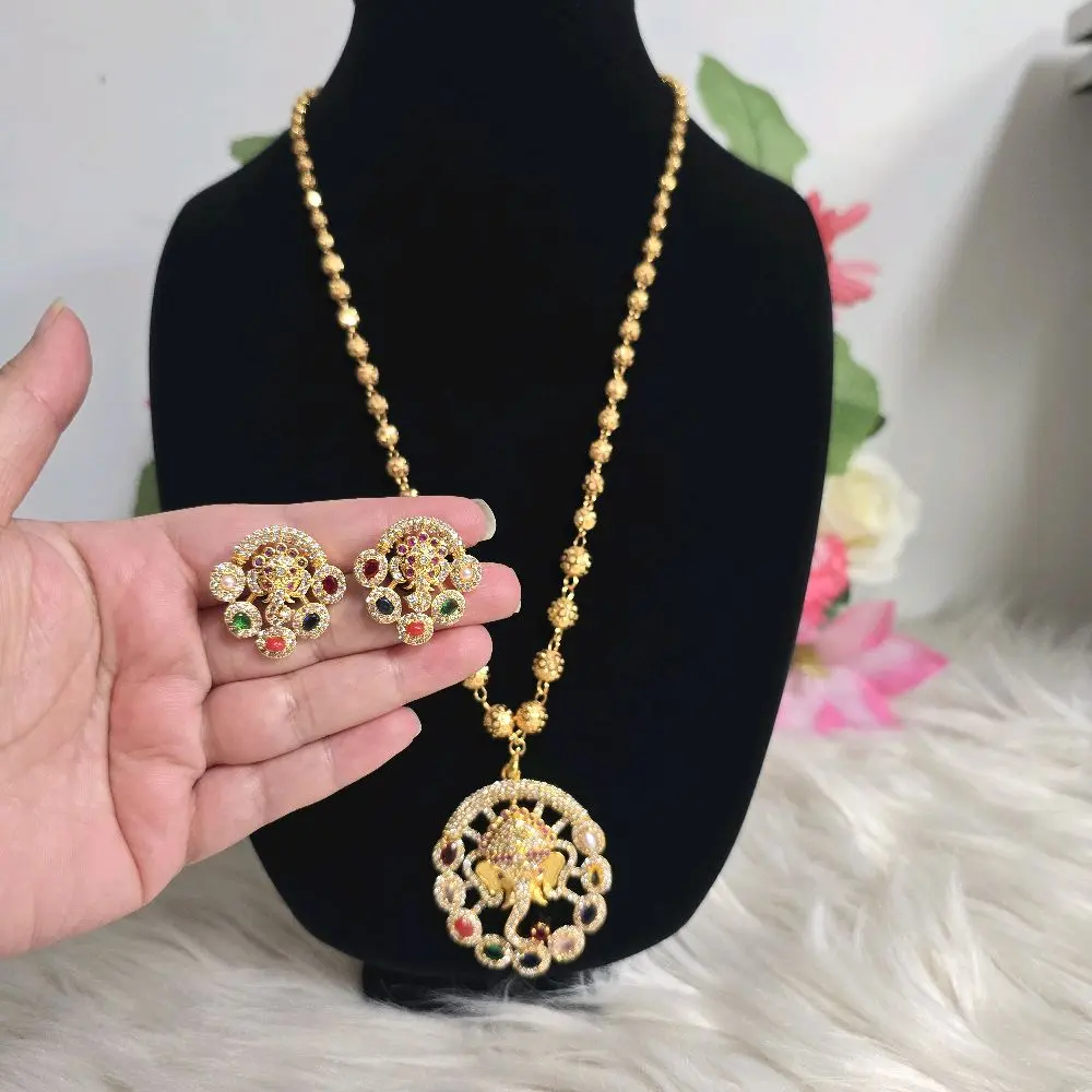 AD Lord Ganesh Pendant, Stud Earrings, and Ball Chain Jewelry Set