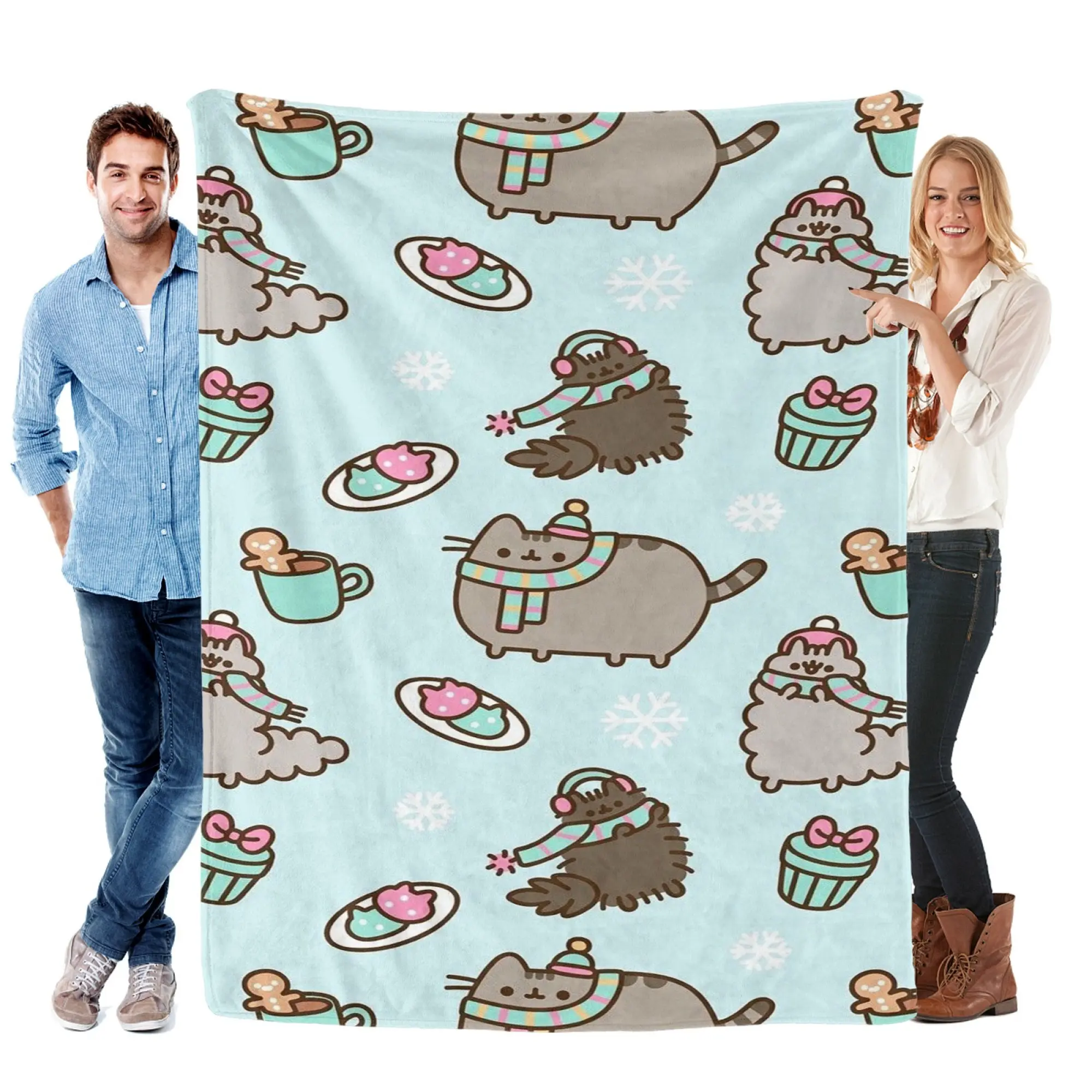 Light Blue Winter Pusheen Cat Flannel Throw Blanket - Flannel Fabric, Cute Scarf Kitten Snowflake Hot Cocoa Cupcake Cartoon Print, Soft Warm Lightweight, Home Living Room Room House Decor, Sofa Bed Gift for Cat Lovers Xmas