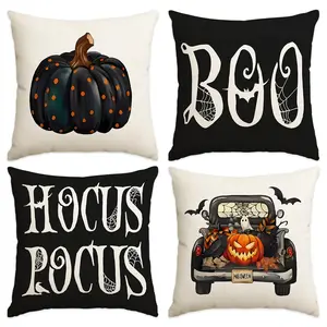 4pcs Halloween Pillow Cover, Happy Halloween Black Pumpkin Pillow Cover, Pumpkin Truck Bat Halloween Night Decoration Sofa Cushion Cover, Suitable for Bedroom, Living Room, Sofa, Farmhouse, Bed, Car Decoration Cushion Pillow Cover (No Pillow Core)