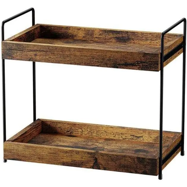 Rustic Brown 2-Tier Rectangular Wooden Bathroom Counter Organizer - Vanity Cosmetic Shelf, Kitchen Countertop Spice Rack for Home Storage
