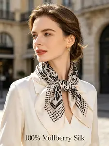 1PC 70*70cm French Chic Animal Print Silk Scarf, Timeless Cream Black Leopard Checkered Print Square Mulberry Silk Scarf, Versatile Fashion Accessory & Perfect Mother's Day Gift for Wedding, Bridal & Evening Party