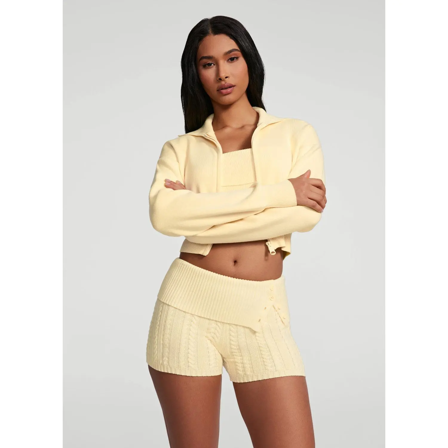 Women's Casual Knit Cropped Zip-Up Jacket - Short-Style Top for Daily Wear, Tops, Coats, Cropped Look, Curvy Drape, Front Zipper, Cozy Knit