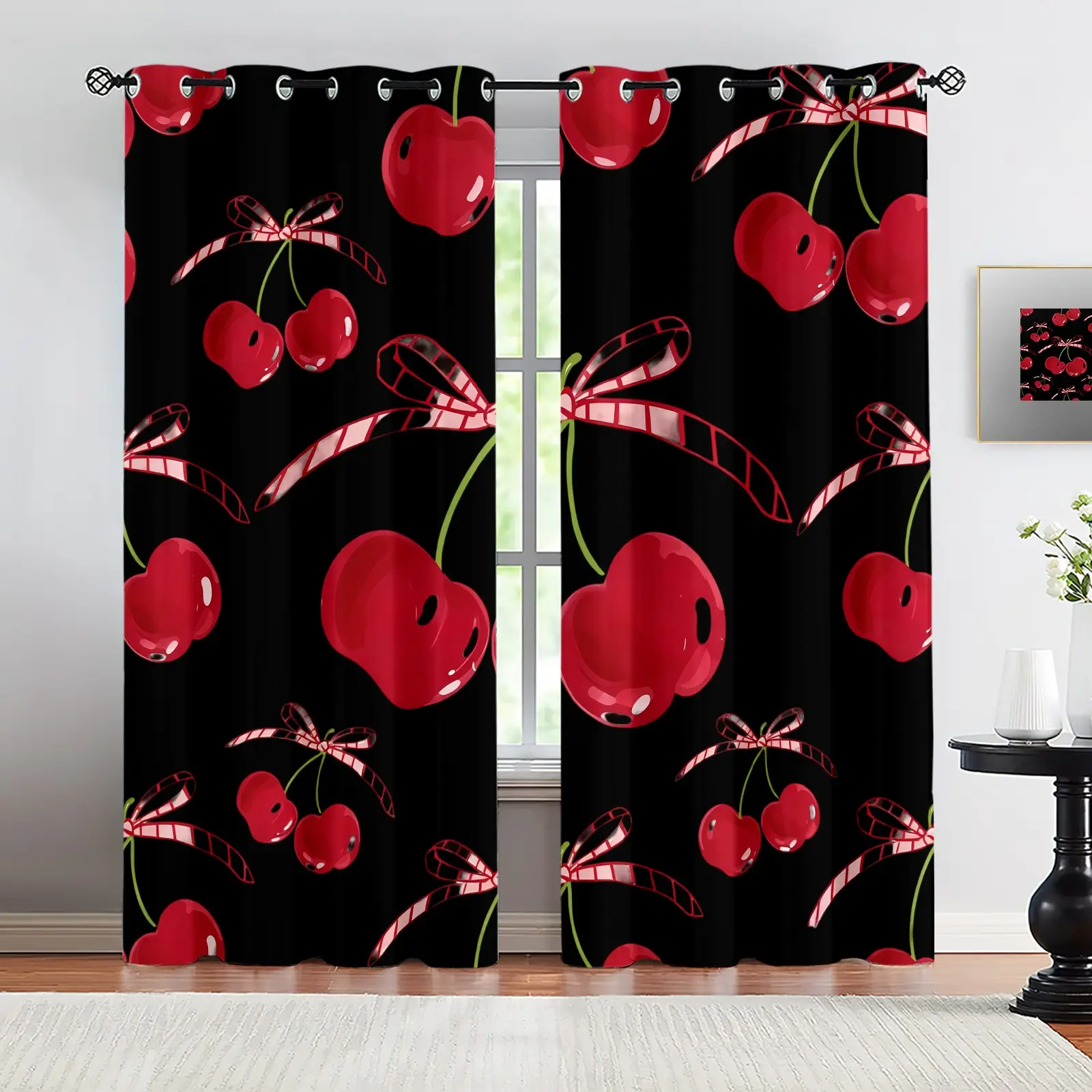 Cherry bow fashion print pattern, 2 pieces of curtain set, suitable for living room, balcony, and bedroom windows, perfect home seasonal holiday room decoration