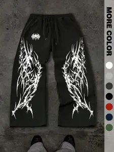 Men's Street Style Long Pants, High Street Dark Thorn Print Straight Leg Sweatpants, Trendy Unique Design Loose Wide Leg Casual Sports Pants