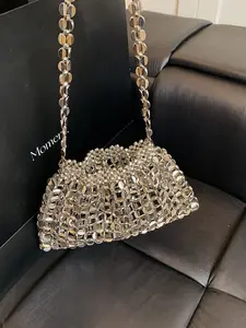 1pc Women's Fashionable Simple Handheld Crossbody Bag, Solid Color with Silver Color Beaded Hollow Design, Perfect for Daily Use and Outings, Crossbody Chain Bag
