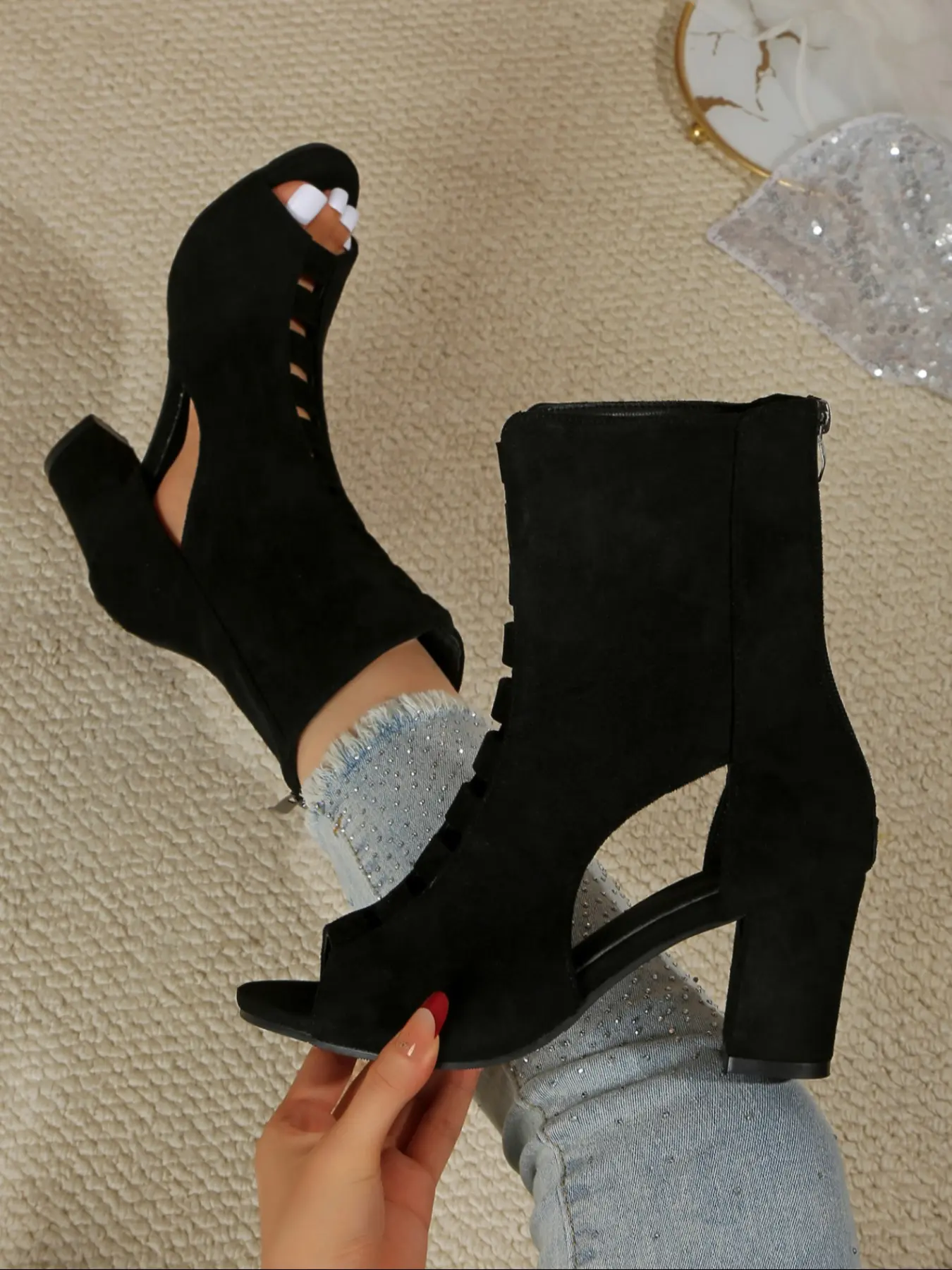 Women's Suede Fish Mouth Boots, Fashion Hollow Out Chunky Heel High Heels, Elastic Sock Style with Side Cutout Zipper Design, Thick Heeled Boots
