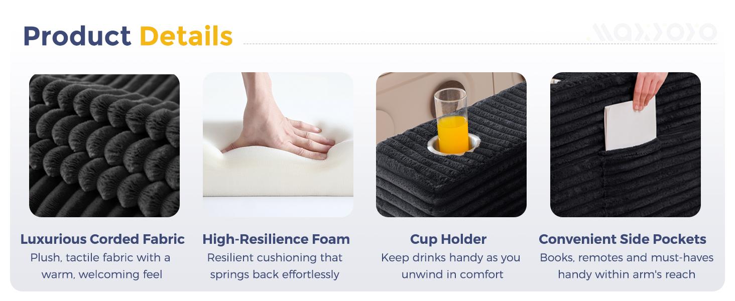 MAXYOYO Boneless Couch and Loveseat Sets for Small Spaces, Mini Love Seat Floor Couch with Cup Holders and Pillows, Upholstered Cloud Couch for Bedroom Apartment, No Assembly Required