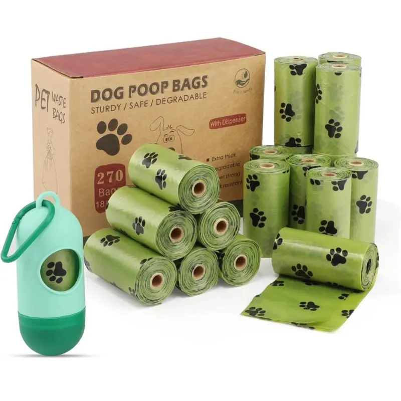 Pet Waste Bag | Biodegradable, Sturdy, Fun Green paw Design | 270 Units | Bag Dispenser INCLUDED!
