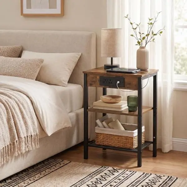 1 Nightstand with Charging Station, 3 Tier End Table with USB Ports & Power Outlets, Narrow Side Table for Small Spaces, Bedside Tables for Bedroom, Living Room