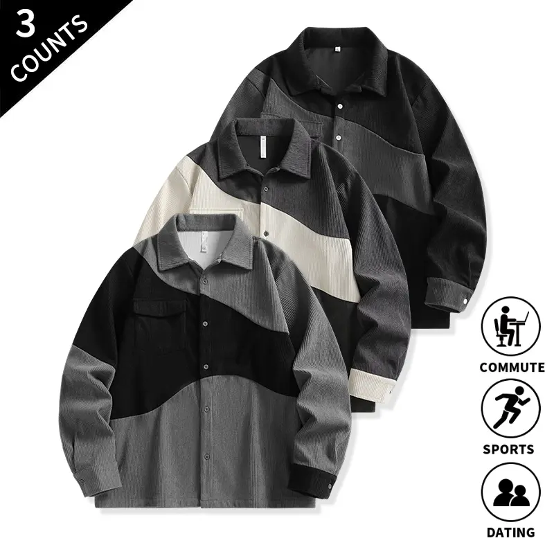 Men’s 3-pack irregular patchwork puffer jackets with a turn-down collar, front button closure, single-side contrast pocket, suitable for outdoor activities and sports