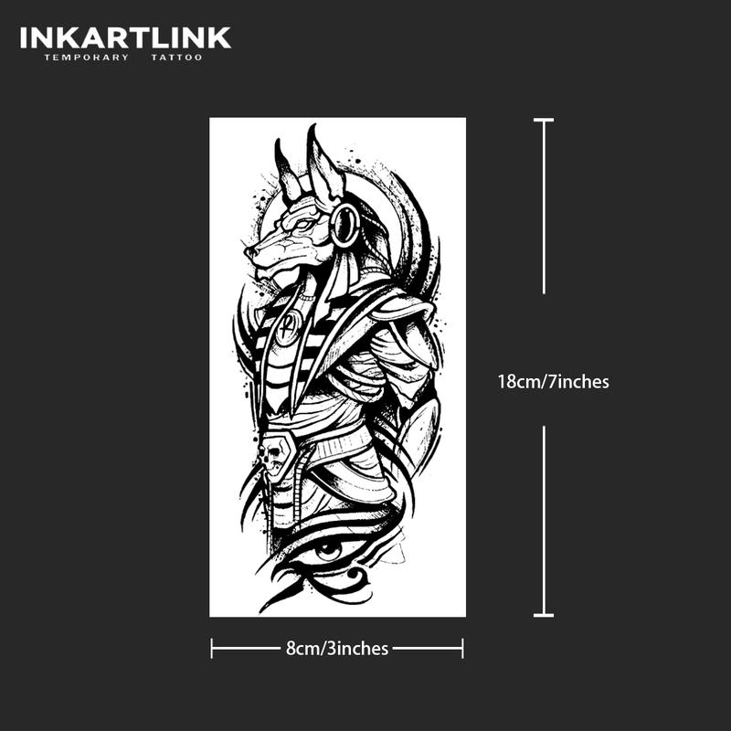 INKARTLINK Tattoo Tech, Anubis' Oath Series,2 Sheets Large Semi Permanent Tattoo, Adult Art Design Temporary Tattoos, Lasts 1-2 Weeks, Waterproof, Realistic Look, No Adhesive, No Reflection (Anubis Design)
