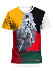 Men's Portugal Flag Football Print T-Shirt, Street Style Round Neck Short Sleeve Top, Sporty Loose-Fitting All Seasons Clothing