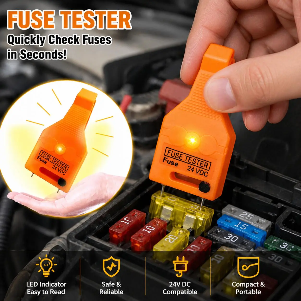 2 in 1 Car Fuse Tester Puller Tool, 12V-24V DC Blade Fuse Continuity Checker for Micro Mini Standard Auto Fuses, Vehicle Electrical Troubleshooting Tool