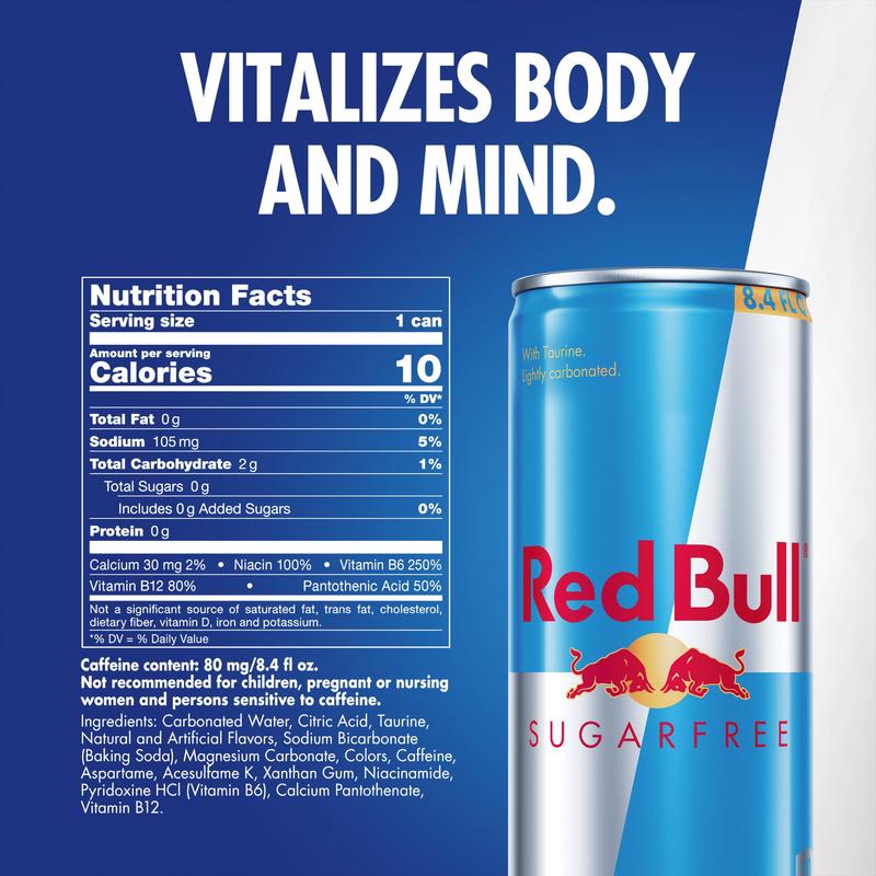 Red Bull Sugarfree Energy Drink, 80mg Caffeine, 8.4 fl oz, Pack of 4 Cans
