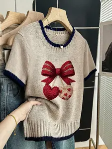 Valentine's Day Heart Print Sweater with Bow, Stylish Short Sleeve Knit Top for All Seasons, Cozy Women's Knitwear with Contrast Trim