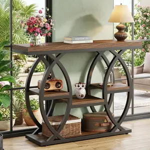 Rustic Brown 4-Tier Industrial Console Table, Sturdy Metal Frame Narrow Accent Side Table, Large Storage Entryway Sofa Table Multipurpose Furniture For Hallway Foyer Living Room Home Decor