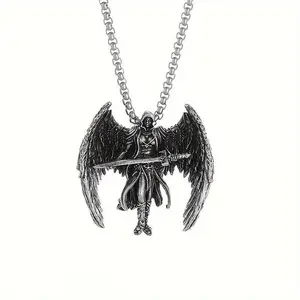 Vintage Archangel Michael Pendant Necklace, Unisex Religious Jewelry with a Detailed Winged Angel Figure and Sturdy Chain, All-Seasons Birthday Gift