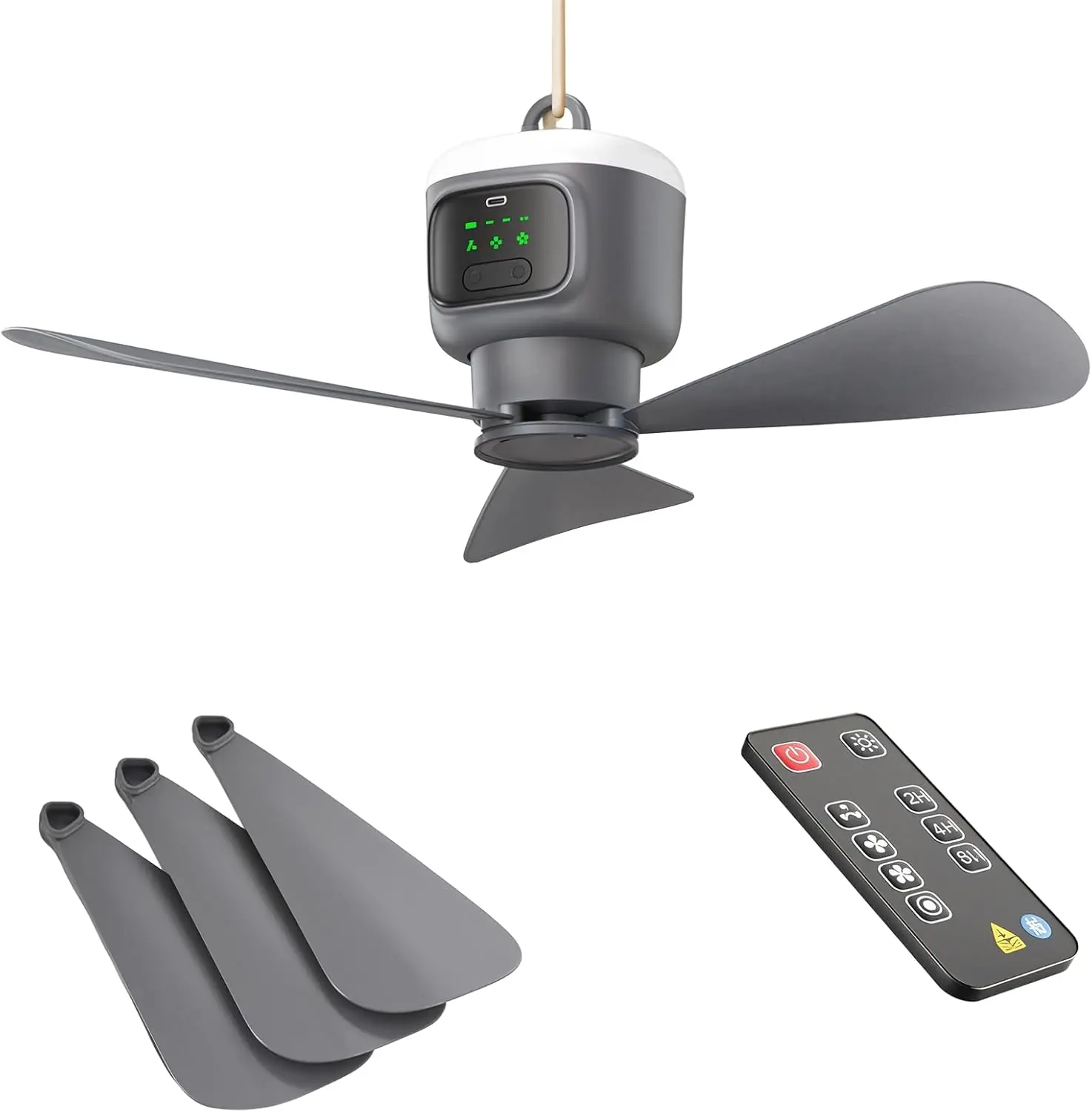 Mupoo Portable Ceiling Fan with Light - 17.7in/45cm Hanging Fan, 12000mAh Rechargeable Battery Operated, 4 Speeds, 8H Timer, Remote Control, Switch-Equipped, Outdoor/Indoor for Garage, Tent, Bedroom, Gazebo