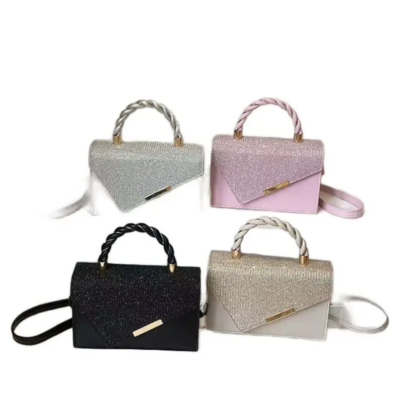 Women's Fashionable Handbag with Twisted Handle and Glitter Accents in Silver, Pink, Black, and Beige