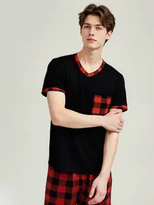 Men's Summer Casual Striped V Neck Short Sleeve Shirt & Shorts Set, Fitted Polyester Fabric, Comfortable Home Wear with Pockets