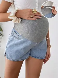 MOMSY Maternity Denim Shorts for Women | Knitted Waist Support Loose Fit Summer Shorts