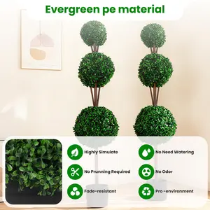 4FT Artificial Topiary Ball Tree (2PCS),48 Inch Faux Boxwood Topiary Trees,Three Ball Faux Green Plants with Planters, Decorative Potted Trees for Garden, Balcony, Entryway, and Indoor Spaces
