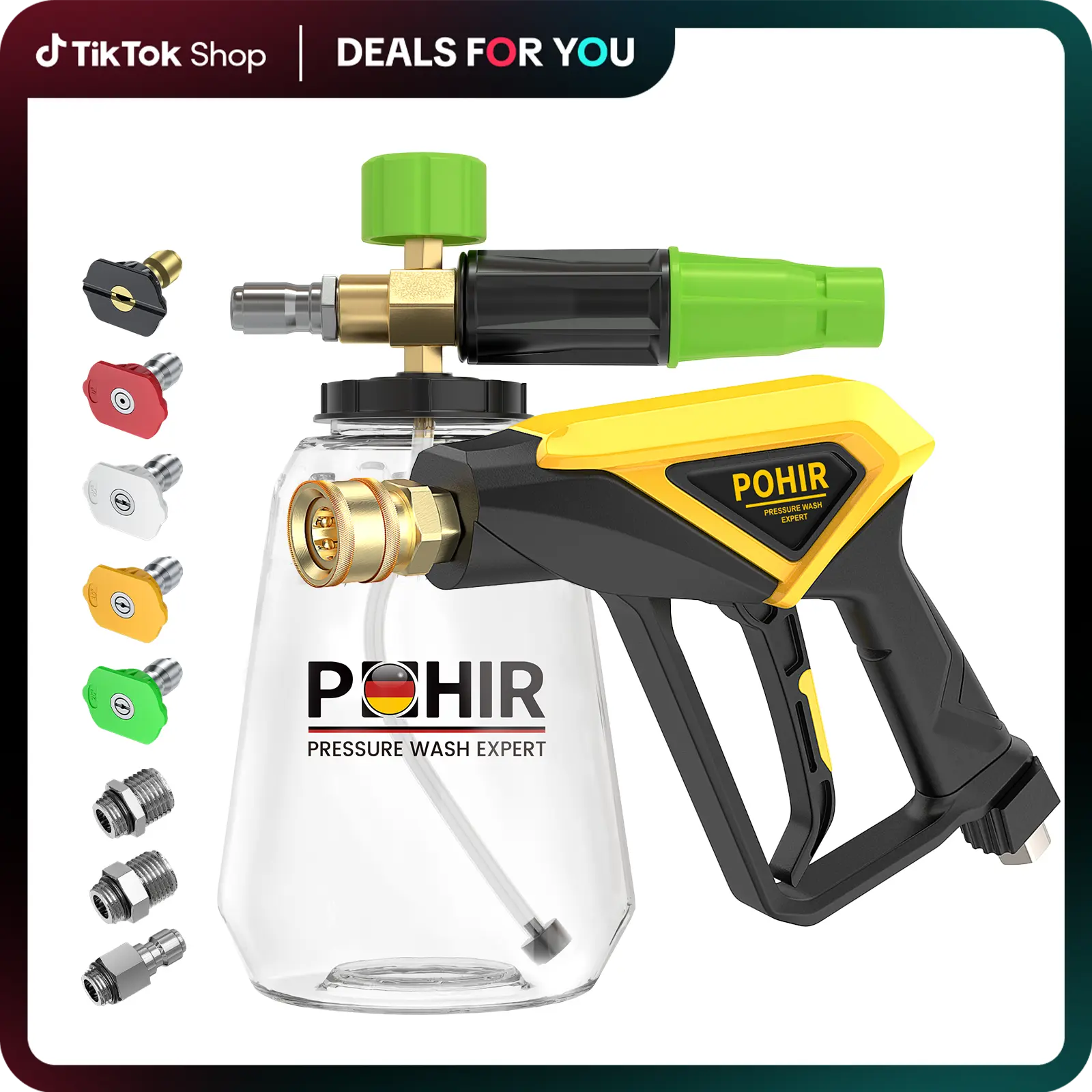 POHIR High Pressure Car Wash Sprayer Kit, 4500 PSI Short-Handle Handheld Lance, 5 Nozzle Tips, 1L Capacity Thick Foam Dirt Removal Car Detailing Accessory for Bikes, Vehicle Washing, Car Detailing Accessories
