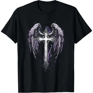 Casual Round Neck Shortsleeve Fashion Cotton Graphic Tees Streetwear Gothic Cross Grunge Aesthetic Y2k Goth Spiritual T-Shirt