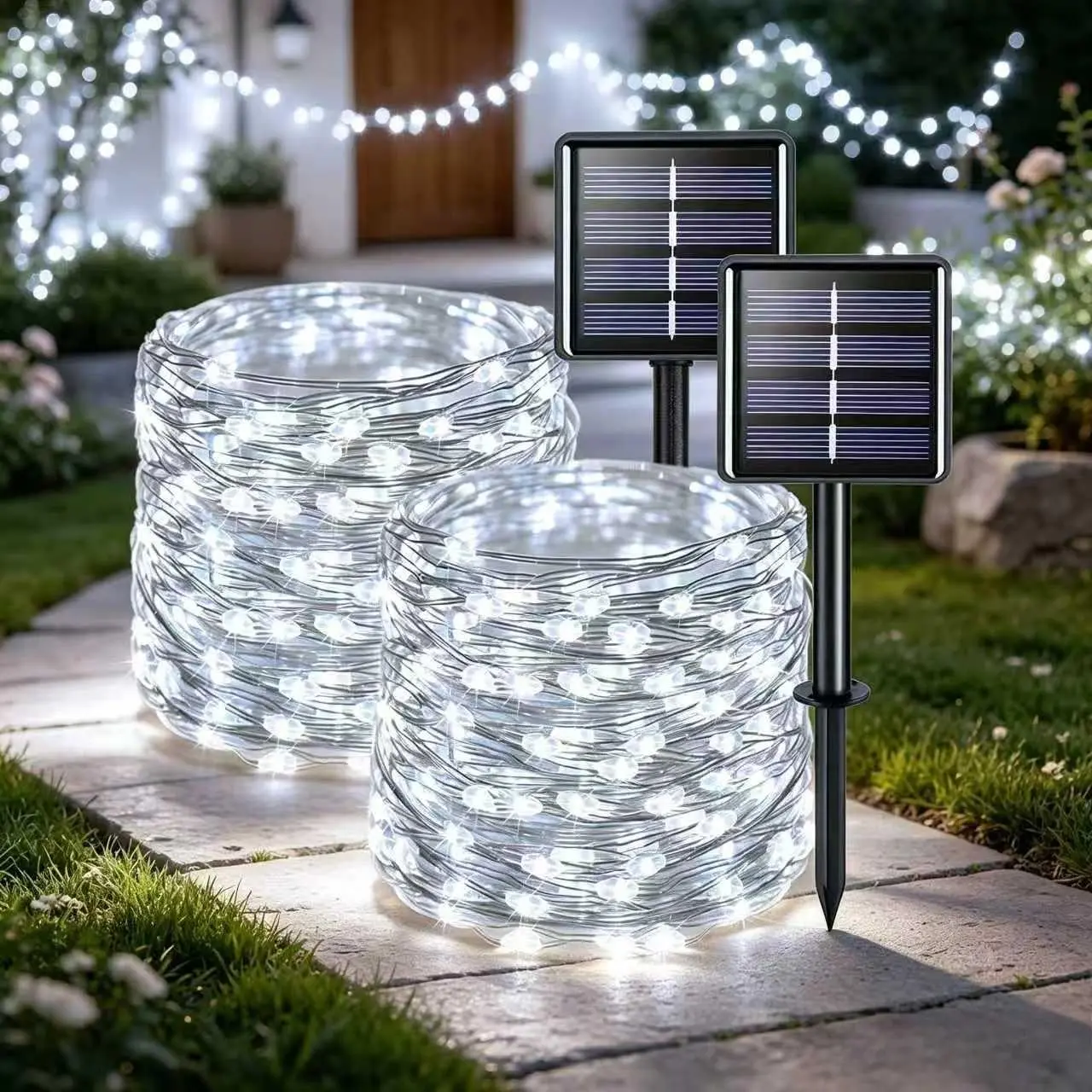 Christmas Outdoor Solar String Lights 2-Pack | 39FT 100 LEDs Each, 8 Modes Waterproof Copper Wire Fairy Lights for Yard, Garden and Patio