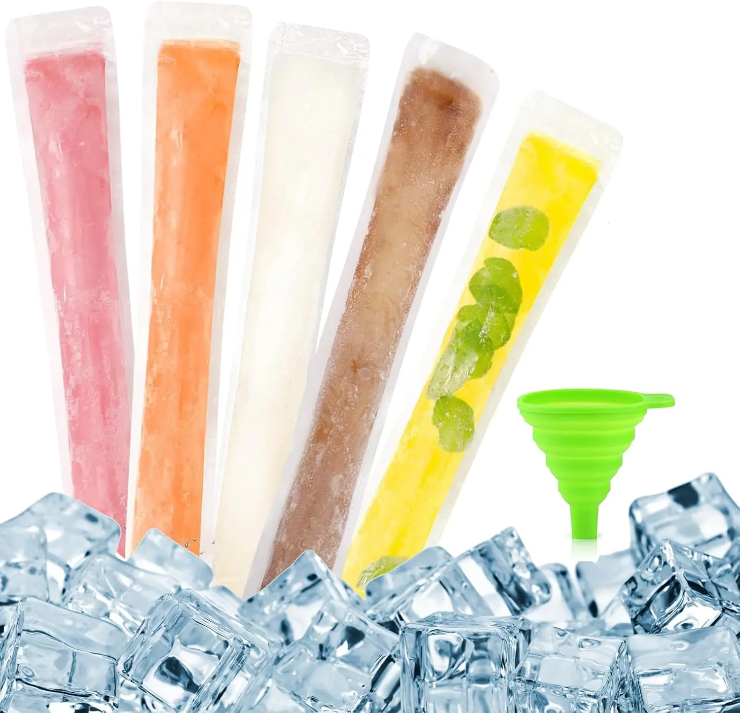 Kitchen 100-Pack BPA-Free Freezer Pop Bags with Silicone Funnel, Zip Seal - 28cm x 5.5cm Kitchenware for Homemade Healthy Popsicles, Yogurt, Juice