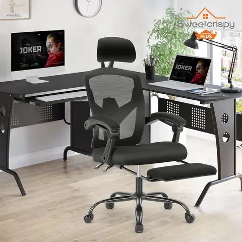 Sweetcrispy Plus Breathable Mesh Computer Office Chair - Adjustable Height Seat, 360-Degree Swivel Chair with Wheels, Lumbar Support Pillow, Retractable Footrest, Padded Armrests, Adjustable Headrest, Sturdy Base, Back Muscle Support, Assembly Required