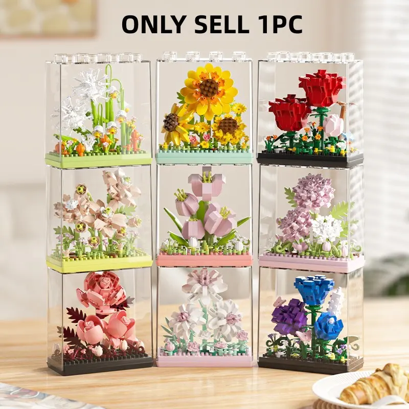 300pcs DIY Building Block Bricks Flower Set with Display Box, Miniature Bouquet Gift for Girlfriend, Sunflower Rose Tulip Hydrangea Puzzle Toy, Building Blocks Set, Creative Building Blocks, Building Block Sets