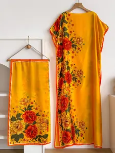 Elegant Long Robe Set with Multicolor Floral Print Shawl, Moomoo Dress + Headscarf Silk Scarf, Boho Style Casual Women Beachwear Sundress for All Seasons Womenswear