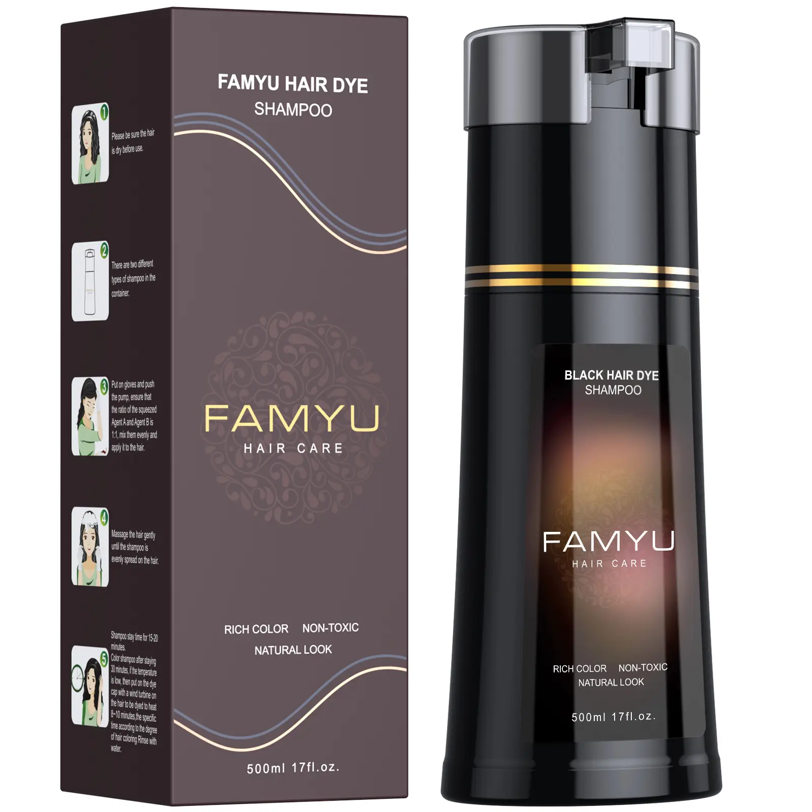 Black Hair Dye Shampoo, Hair Color Shampoo for Women and Men, Long-Lasting Hair Dye Herbal Ingredient Shampoos for Grey Hair Coverage 17oz