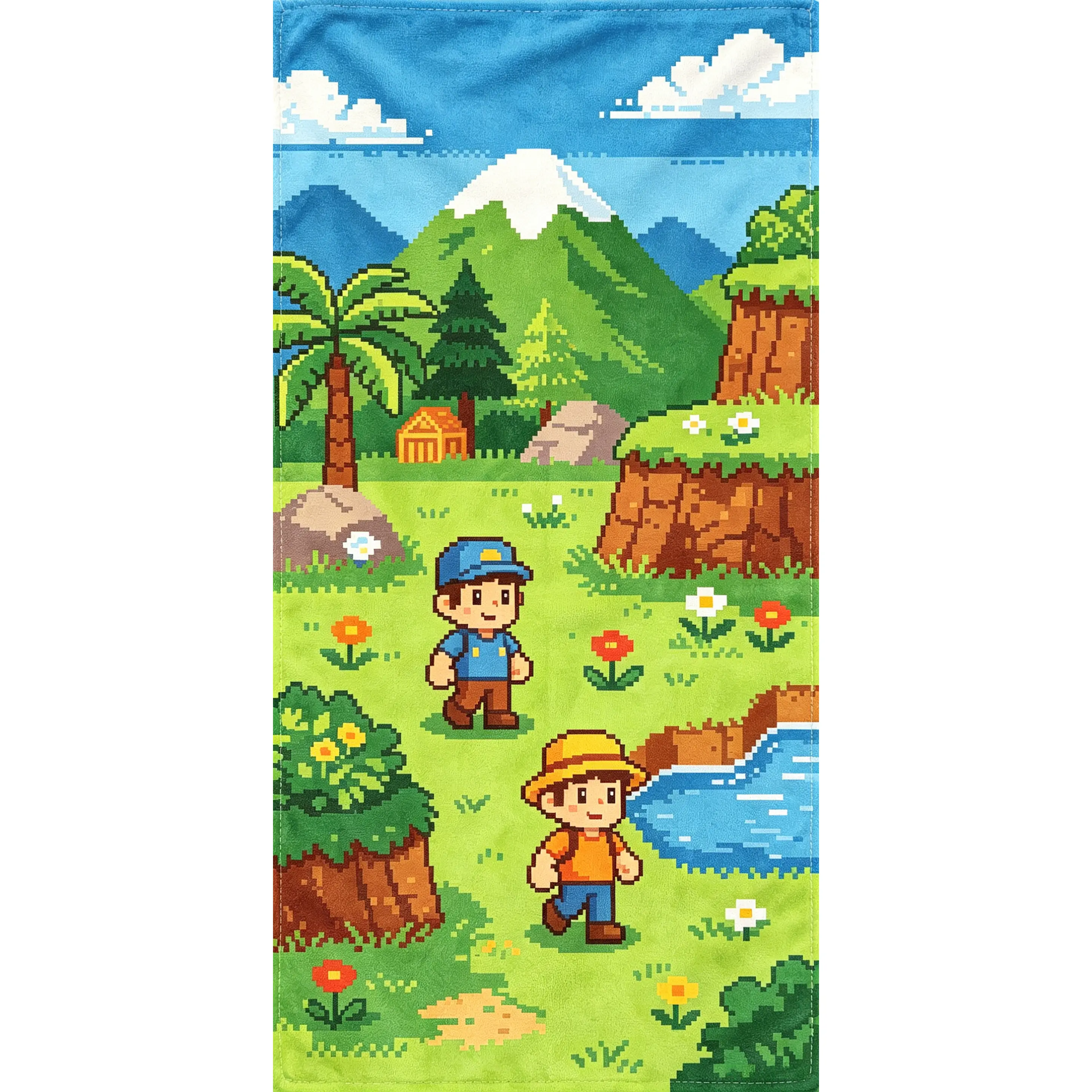 Retro Pixel Art Adventure Beach Towel, Cute 8-Bit Game Scene Print, Soft Microfiber, Quick Dry, Large Size, for Kids & Adults, Summer Pool Party, Camping, Picnic, and Travel