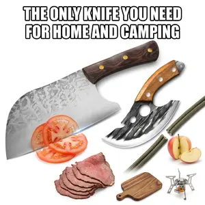 2PCS Butcher Knife Meat Cleaver Set, 11.81" Serbian Cleaver & 7.32" Viking Knife with Leather Sheath, Ultra Sharp High Carbon Steel Blade, for Home Kitchen, Outdoor Camping BBQ, Ideal Gift for Men & Women